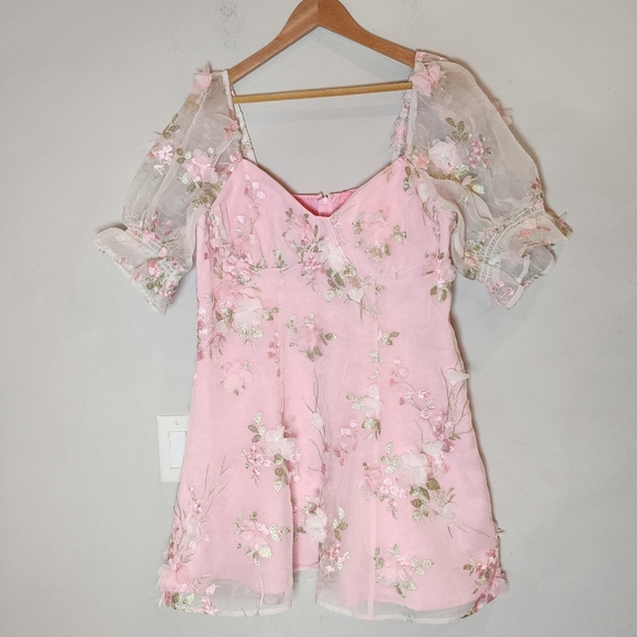 Sugar Thrillz 3D Floral Pink Green Puff Sleeve Mini Dress Size 1X Fairy Coquette - Picture 1 of 16